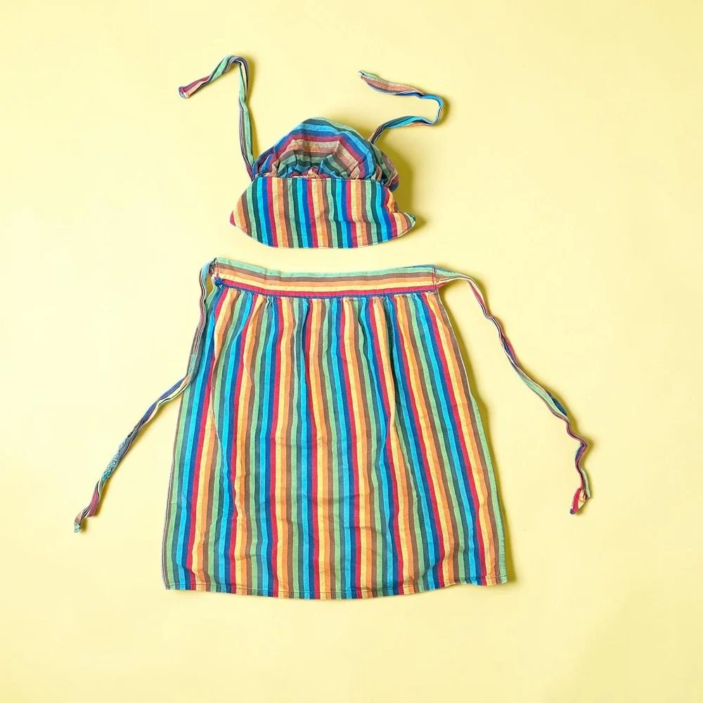 Vintage‎ Rainbow Striped Half Apron and Matching Bonnet Set Retro Handmade Multi